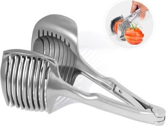 1pc Tomato Slicer Holder; Lemon Cutter; Round Fruits Vegetable Cutting Tools; Handheld Multi Purpose Tongs; Kitchen Gadget - Stainless Steel Silver