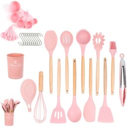 33pcs Set Wooden Handle Silicone Kitchen Utensils 33 Pieces Set Silicone Spoon Shovel Kitchen Gadgets Set Silicone Kitchen Utensils - Pink