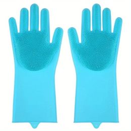 1pair Kitchen Silicone Dishwashing Gloves; Housework Cleaning Waterproof Insulation Magic Gloves; Dishwashing Brush - Sky Blue - Silica Gel