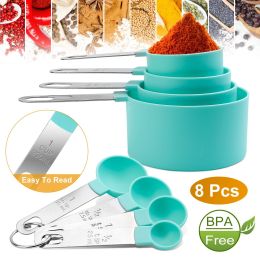 8Pcs Plastic Measuring Spoons Cups Scale Teaspoon Tablespoon Set Kitchen Utensil Tools - Green