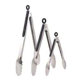 Stainless Steel Kitchen Tongs Set of 3, Locking Metal Food Tongs Non-Slip Grip - Black