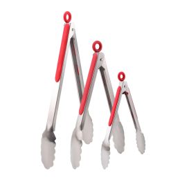 Stainless Steel Kitchen Tongs Set of 3, Locking Metal Food Tongs Non-Slip Grip - Red