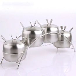 4 PCS Stainless Steel Seasoning Container Set Condiment Serving Bowls Kitchen Spice Jars with Stand Rack and Spoons - Silver