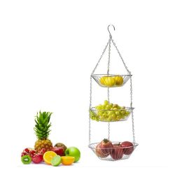 3-Layers Hanging Basket Stainless Steel Fruit Vegetable Flower Basket Storage Holder Home Decoration Basket Kitchen Hanging Rack - stainless steel