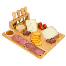 Bamboo Cheese Board Charcuterie Cheese Platter Board Serving Tray with Cutlery Set for Wedding Birthdays Christmas - Yellow