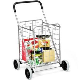 Jumbo Basket Folding Shopping Cart With Swiveling Wheels And Dual Storage Baskets - Silver A - Kitchen Tools