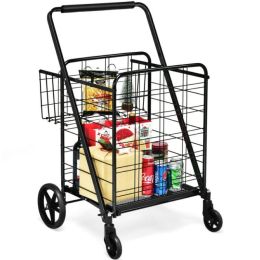 Jumbo Basket Folding Shopping Cart With Swiveling Wheels And Dual Storage Baskets - Black B - Kitchen Tools