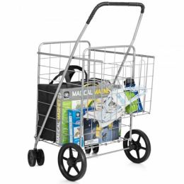 Jumbo Basket Folding Shopping Cart With Swiveling Wheels And Dual Storage Baskets - Silver - Kitchen Tools