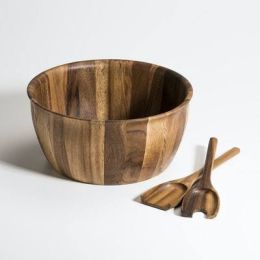 X-Large Salad Bowl with Servers - brown - acacia wood